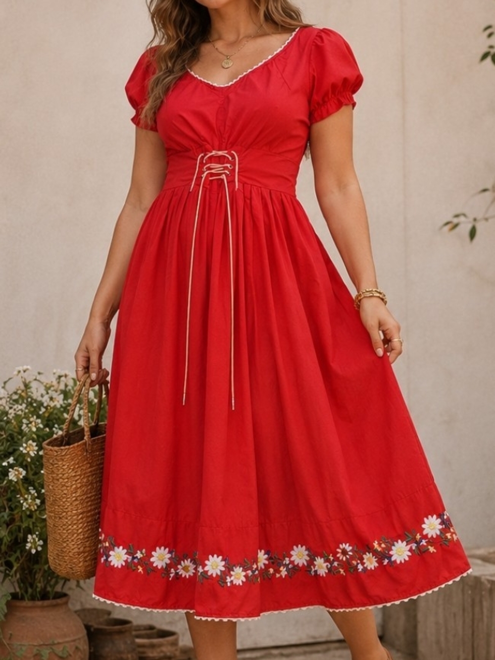 Aryeh Red Floral Midi Dress with Lace-Up Waist Size Large